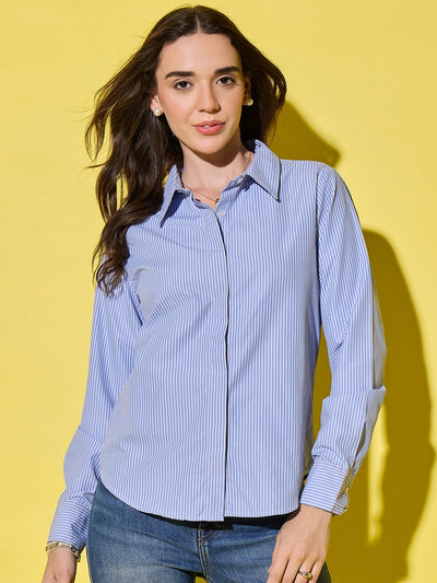 Classic Blue Casual & Office Wear Long Sleeve Style Striped Cotton Shirt for Women-3548