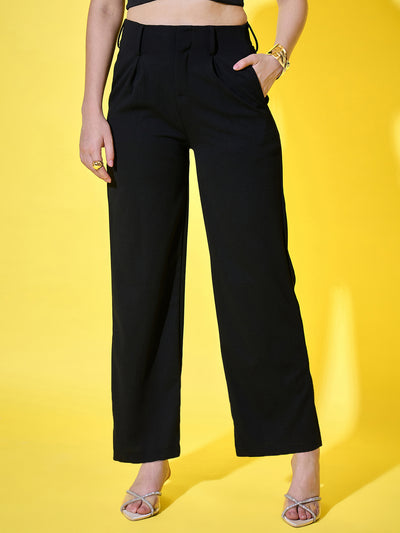 High-Waist Black Women’s Formal Pleated Trousers with Wide Legs-3552