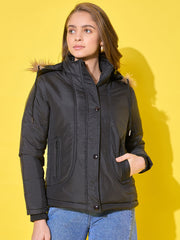 Women's Quilted Winter Jacket with Detachable Fur Hoodie-3488-3488