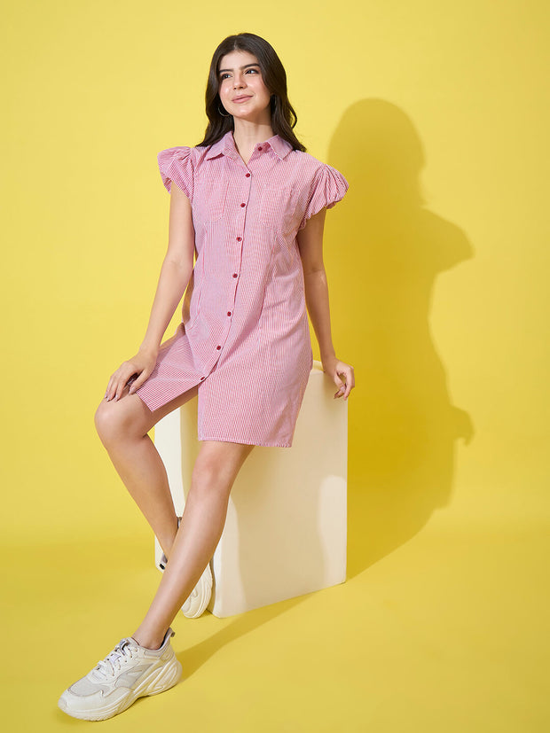Striped Women A-Line Cotton Collar Dress with Button Front and Ruffle Sleeves-3587-3587