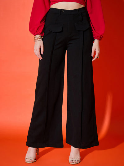 High Waist Black Women Trouser Pants with Flap Pockets and Front Crease Detailing-3555