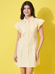 Striped Women A-Line Cotton Collar Dress with Button Front and Ruffle Sleeves-3587-3587