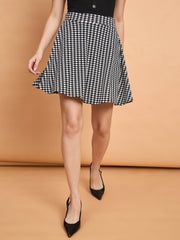 Women Flared Cotton Blend Houndstooth Print Mini Skirt-3595