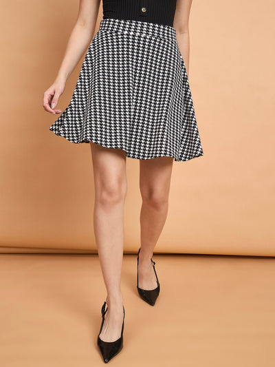 Women Flared Cotton Blend Houndstooth Print Mini Skirt-3595