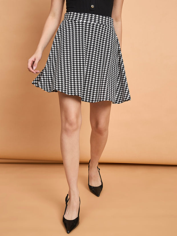 Women Flared Cotton Blend Houndstooth Print Mini Skirt-3595