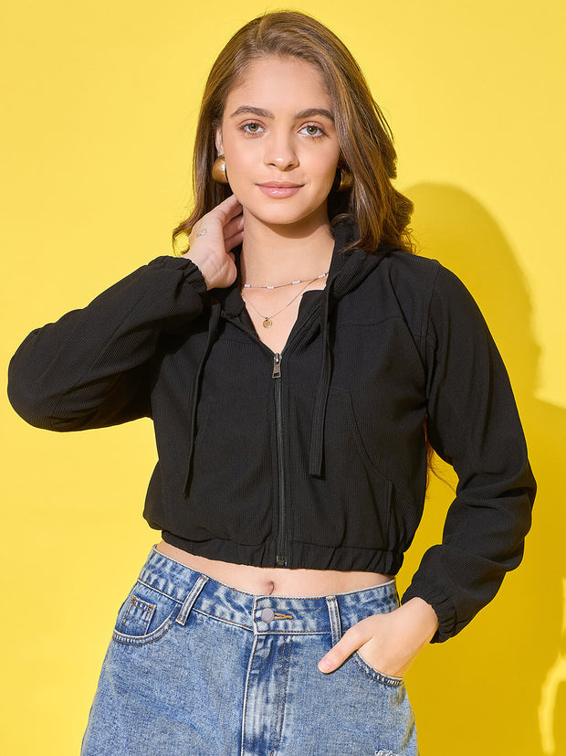 Women's Cotton Ribbed Short Casual Hoodie Jacket with Front Zipper-3491-3491