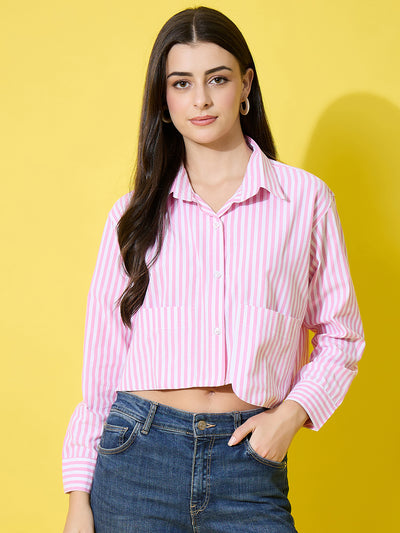 Striped Cotton Crop Shirt with Stylish Pocket for Women-3612-3615