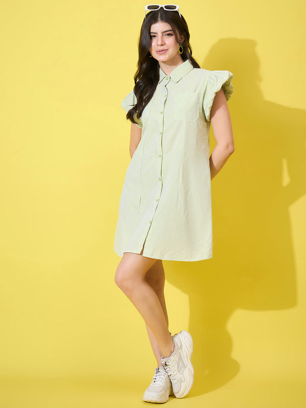 Striped Women A-Line Cotton Collar Dress with Button Front and Ruffle Sleeves-3587-3587