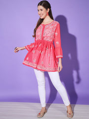 Women Lucknowi Chikankari Hand Work Mirror Kurti-3173