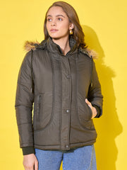 Women's Quilted Winter Jacket with Detachable Fur Hoodie-3488-3488