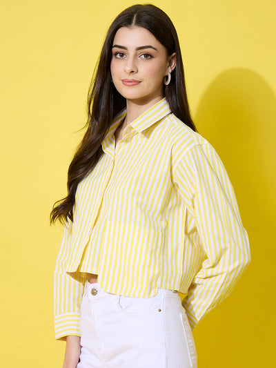 Striped Cotton Crop Shirt with Stylish Pocket for Women-3613-3615