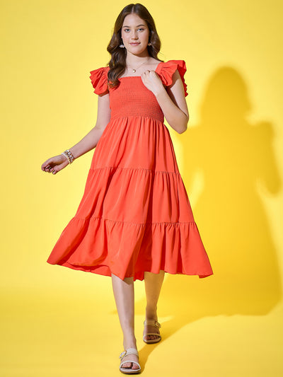 Ruffled Strap Dress Square Neck Smocked High Waist Women Maxi Dresses-3564-3564