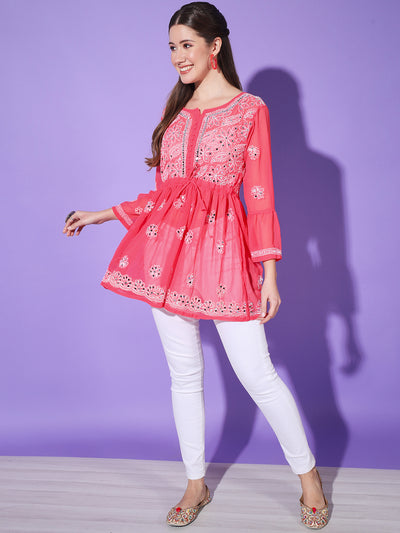 Women Lucknowi Chikankari Hand Work Mirror Kurti-3167