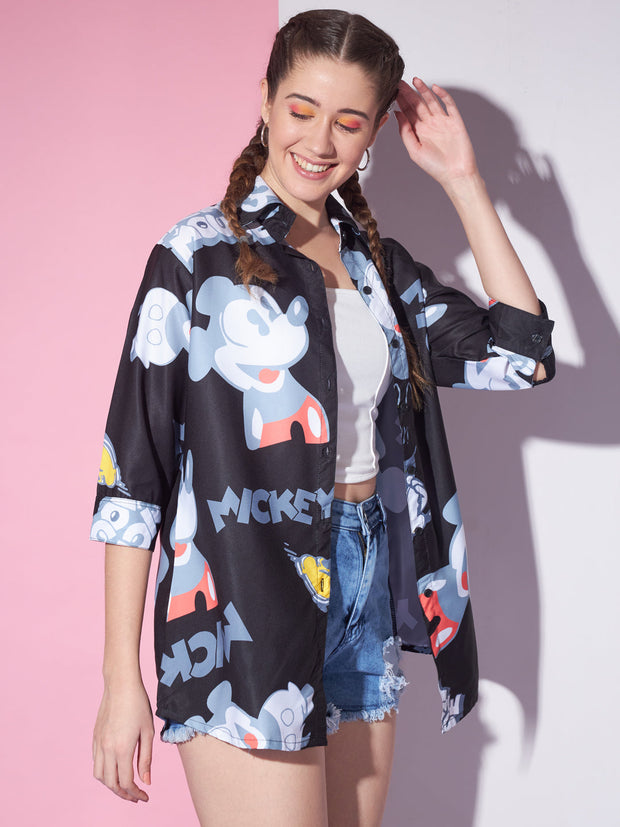 Imported Crepe Cartoon Graphic Printed Relaxed Fit Women Long Shirt-3307