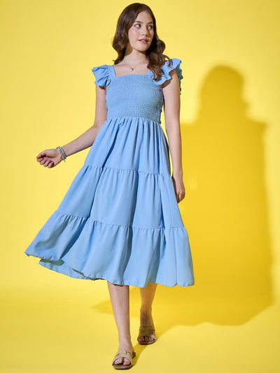 Ruffled Strap Dress Square Neck Smocked High Waist Women Maxi Dresses-3563-3564