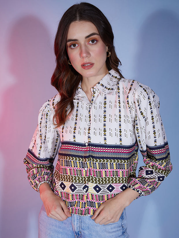 Poly Cotton White Navy Bubble Sleeve Tribal Printed Women Shirt-3328N3