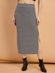 Cotton Blend Women Houndstooth Midi Pencil Skirt with Side Slit-3588