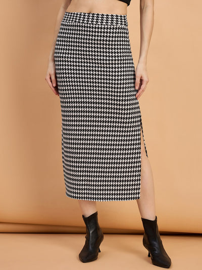Cotton Blend Women Houndstooth Midi Pencil Skirt with Side Slit-3588