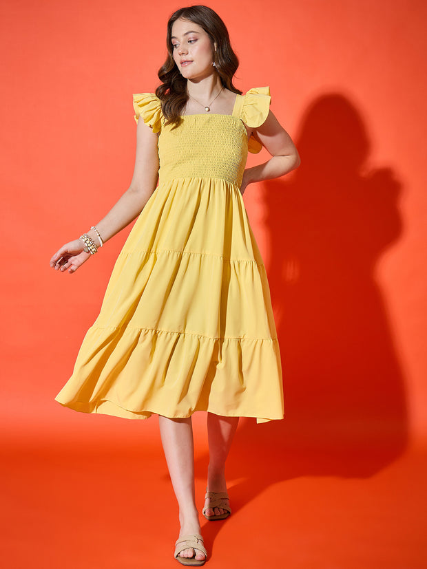 Ruffled Strap Dress Square Neck Smocked High Waist Women Maxi Dresses-3562-3564