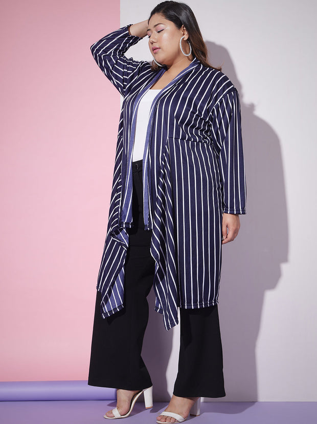 Lycra Striped Longline Plus Size Women Shrug-3250PLUS