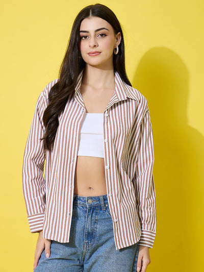 Women’s Striped Cotton Oversized Long Sleeve Button-Down Shirt-3590-3590