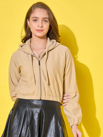 Women's Cotton Ribbed Short Casual Hoodie Jacket with Front Zipper-3489-3491