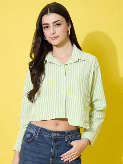 Striped Cotton Crop Shirt with Stylish Pocket for Women-3611-3615