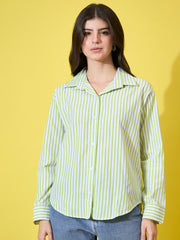 Women’s Striped Cotton Oversized Long Sleeve Button-Down Shirt-3574-3590