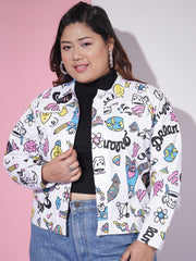 White Toko Twill Plus Size Printed Women Jacket-3082PLUS