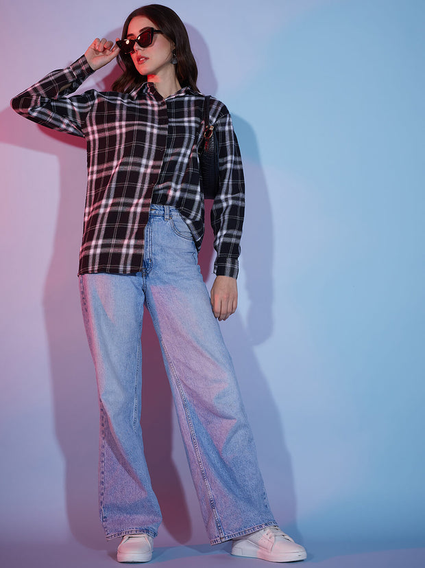 Cotton Oversized Casual Plaid Print Women Long Shirt-3290B