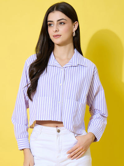 Striped Cotton Crop Shirt with Stylish Pocket for Women-3615-3615