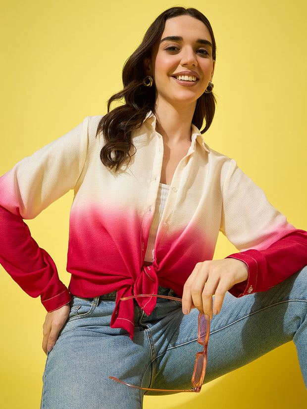 Women’s Ombre Style Crepe Oversized Long Sleeve Button-Down Shirt-3578-3578