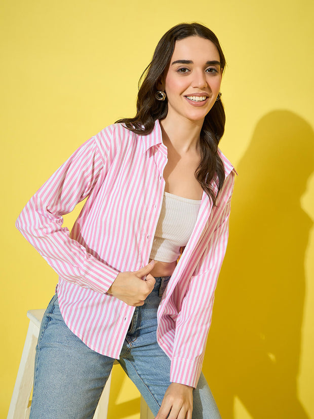 Women’s Striped Cotton Oversized Long Sleeve Button-Down Shirt-3575-3575