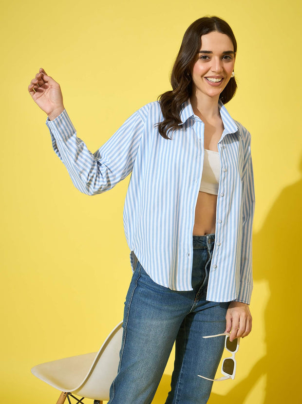 Women’s Striped Cotton Oversized Long Sleeve Button-Down Shirt-3575-3575