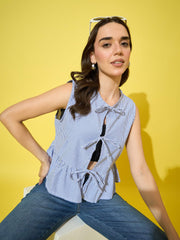 Women’s Striped Cotton Sleeveless Top with Tie-Knot Peplum-3571-3571