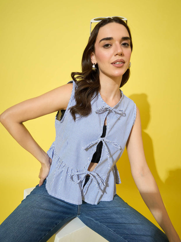 Women’s Striped Cotton Sleeveless Top with Tie-Knot Peplum-3571-3571