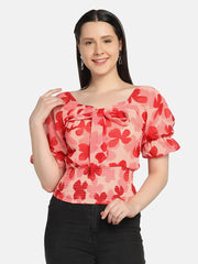 Georgette Flower Print V Neck Short Women Top-2964-2968