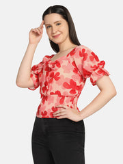 Georgette Flower Print V Neck Short Women Top-2968-2968