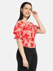 Georgette Flower Print V Neck Short Women Top-2968-2968