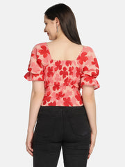 Georgette Flower Print V Neck Short Women Top-2968-2968