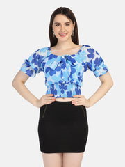 Georgette Flower Print V Neck Short Women Top-2964-2968