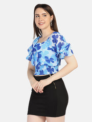 Georgette Flower Print V Neck Short Women Top-2964-2968