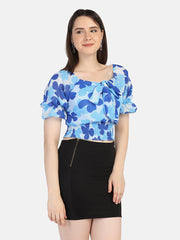 Georgette Flower Print V Neck Short Women Top-2964-2968