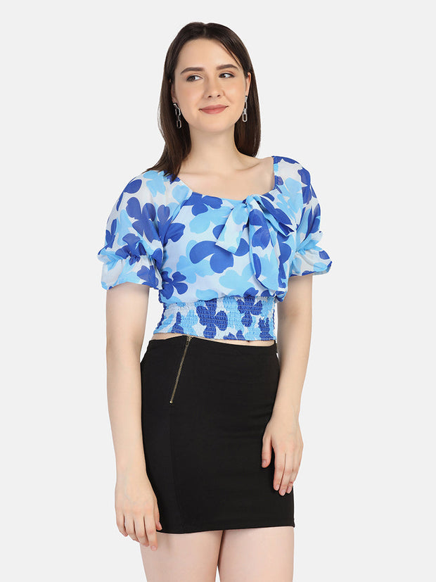 Georgette Flower Print V Neck Short Women Top-2965-2968