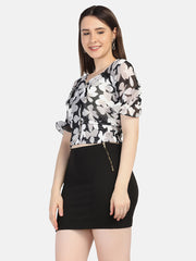 Georgette Flower Print V Neck Short Women Top-2964-2968