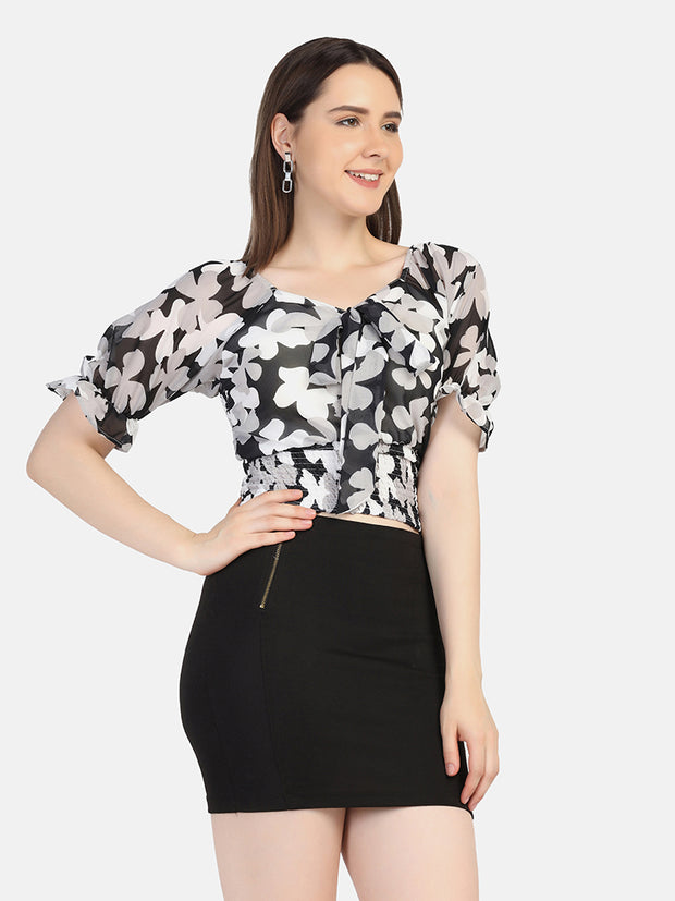 Georgette Flower Print V Neck Short Women Top-2964-2968