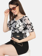 Georgette Flower Print V Neck Short Women Top-2964-2968