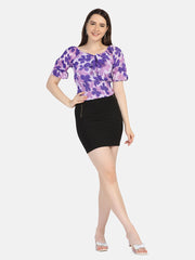 Georgette Flower Print V Neck Short Women Top-2964-2968