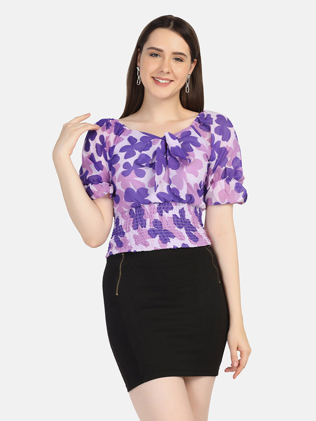 Georgette Flower Print V Neck Short Women Top-2964-2968