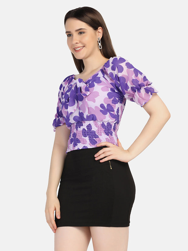 Georgette Flower Print V Neck Short Women Top-2964-2968